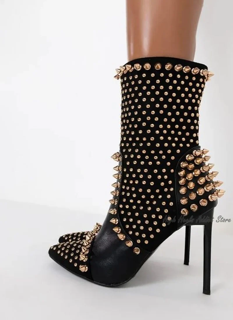 Black Studded Luxury Ankle Boots Women Sexy Full Stud High Heels Leather Booties Designer Party Stage Dress Shoes Free Shipping