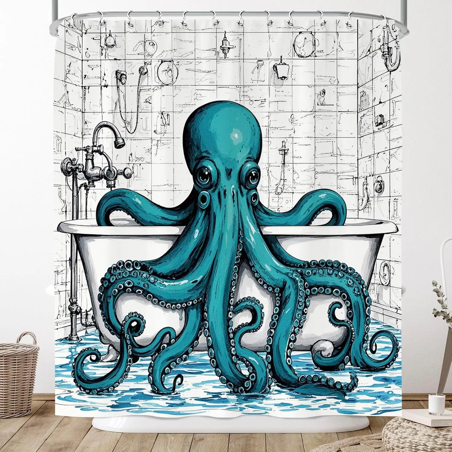 Ocean Octopus Shower Curtain Blue Marine Life Bathing Scene Art Print Tropical Nautical Bathroom Decor Waterproof Liner Sketched
