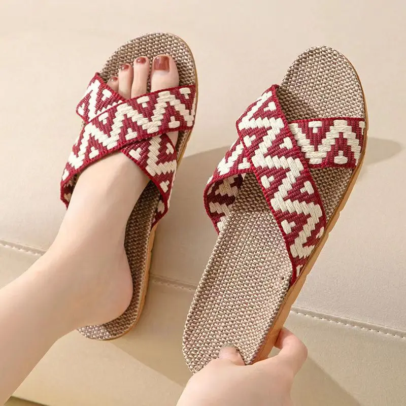 All-season Women Linen Slippers Indoor Anti-slip Couple Linen Floor Mop Sole Cool Slippers Men Beach Shoes Ladies Flat Slides