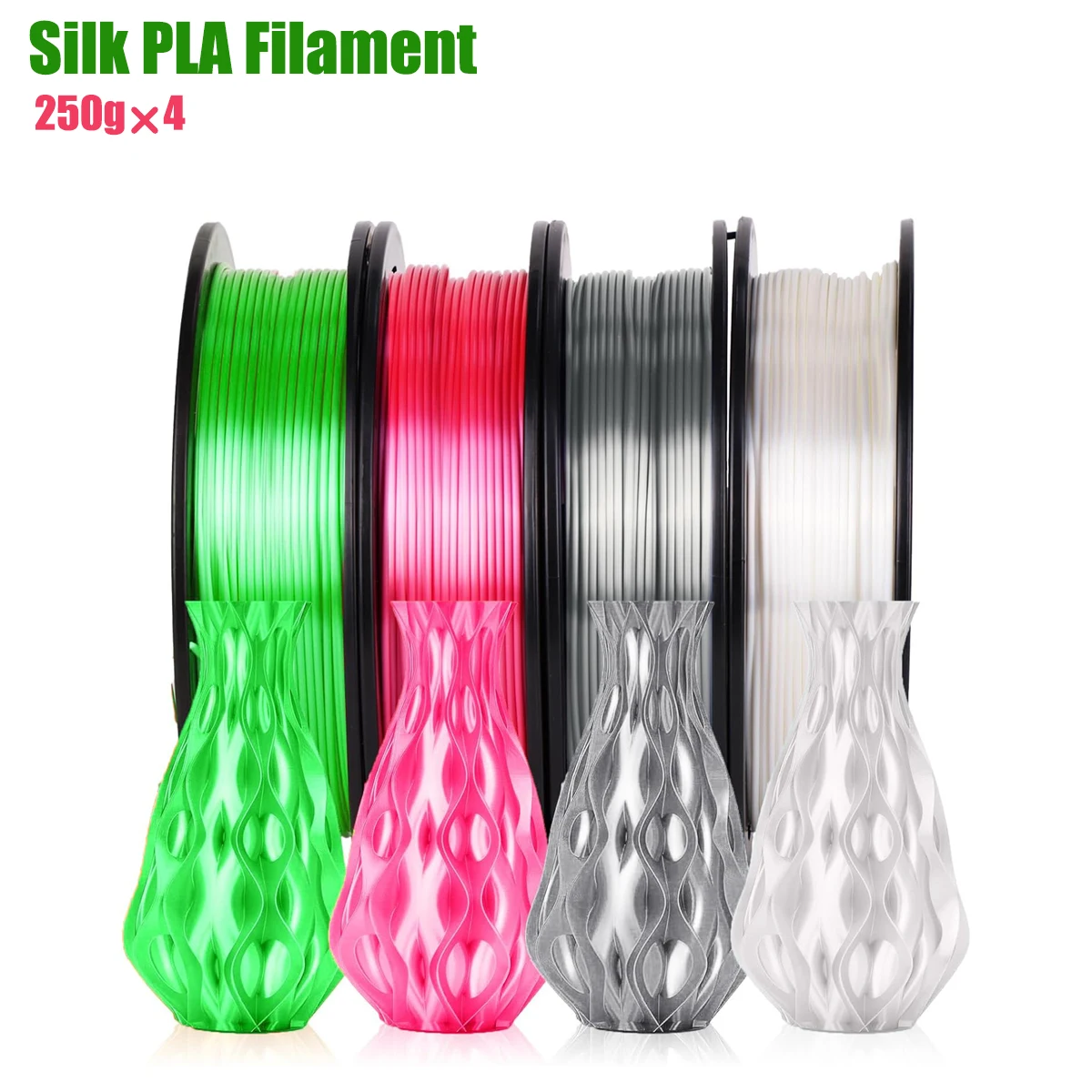 3D Printer PLA Silk Filament - 1.75mm Smooth, Multicolor 4-Color Pack (4x250g: Apple Green, Silver, Pink, White)