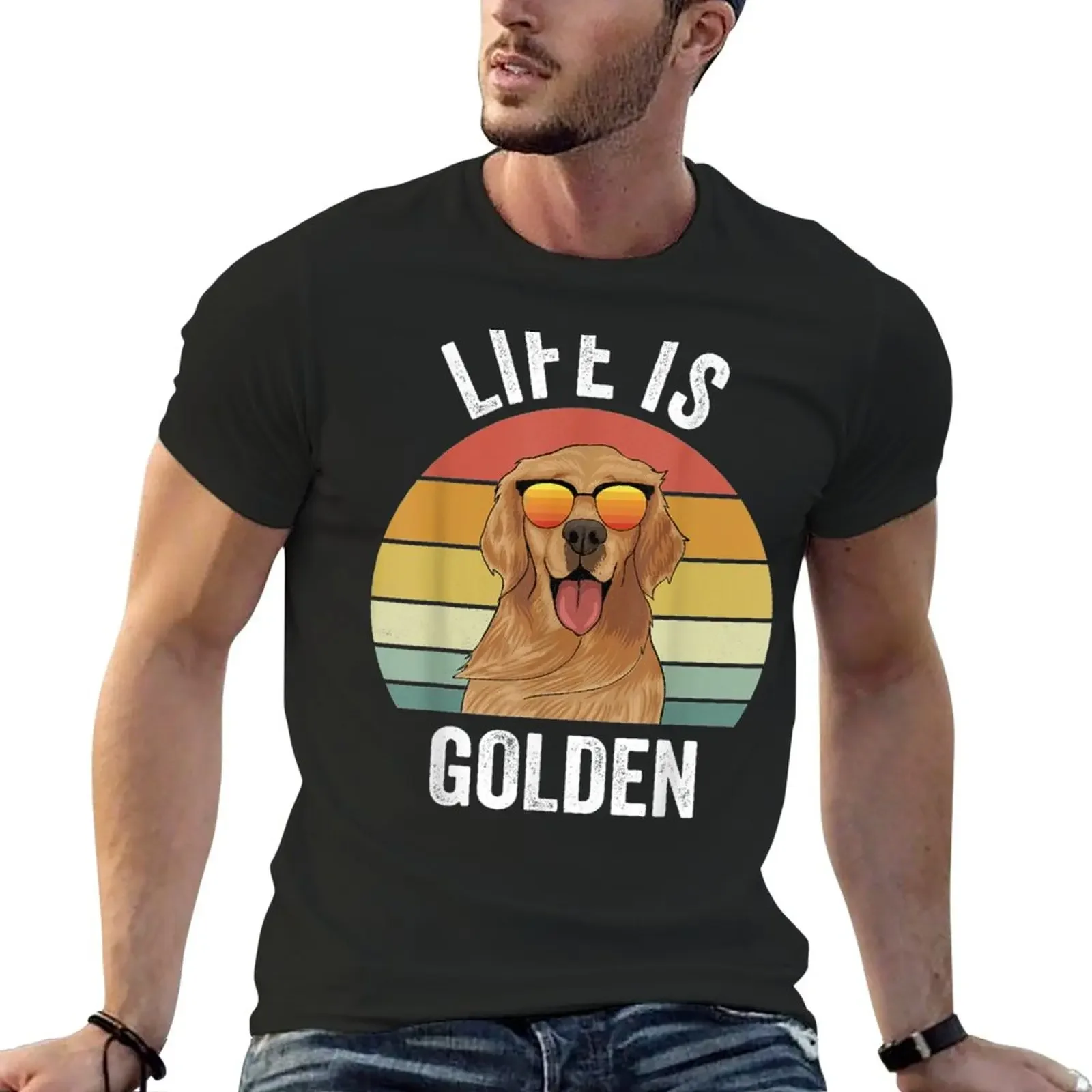 New Retro Life Is Golden Golden Retriever Gifts Funny Dog T-Shirt oversized customs sports fans mens graphic t-shirts anime