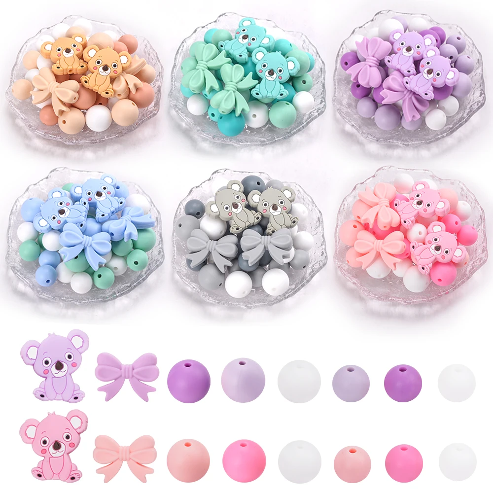 LOFCA 43Pcs Silicone Koala Bow tie beads Silicone bow beads For to make DIY Necklace For Infant Pacifier chain accessories beads
