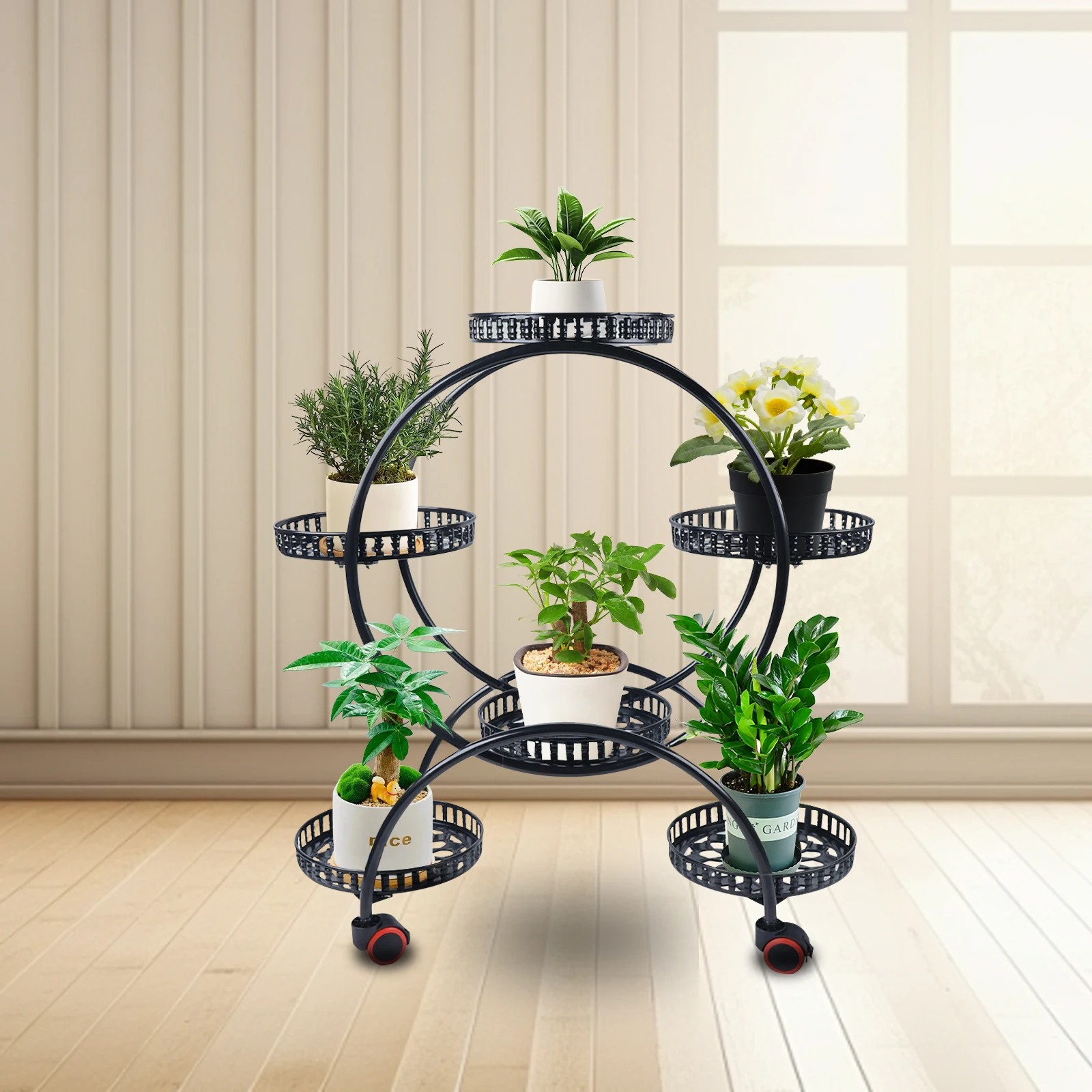 

4-layer Black Flowerpot Rack with Rollers Potted Display Stand with 9 Trays High Load-bearing Plant Frame