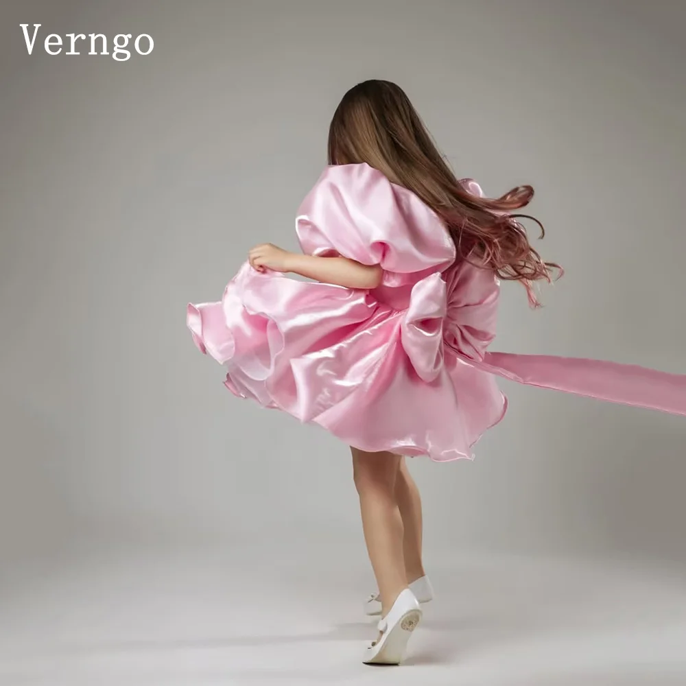 

Verngo Pink Satin Girl Birthday Party Dress Princess Puff Sleeves Bow A Line Ball Gown Celebrity Flower Girl Dress Customized