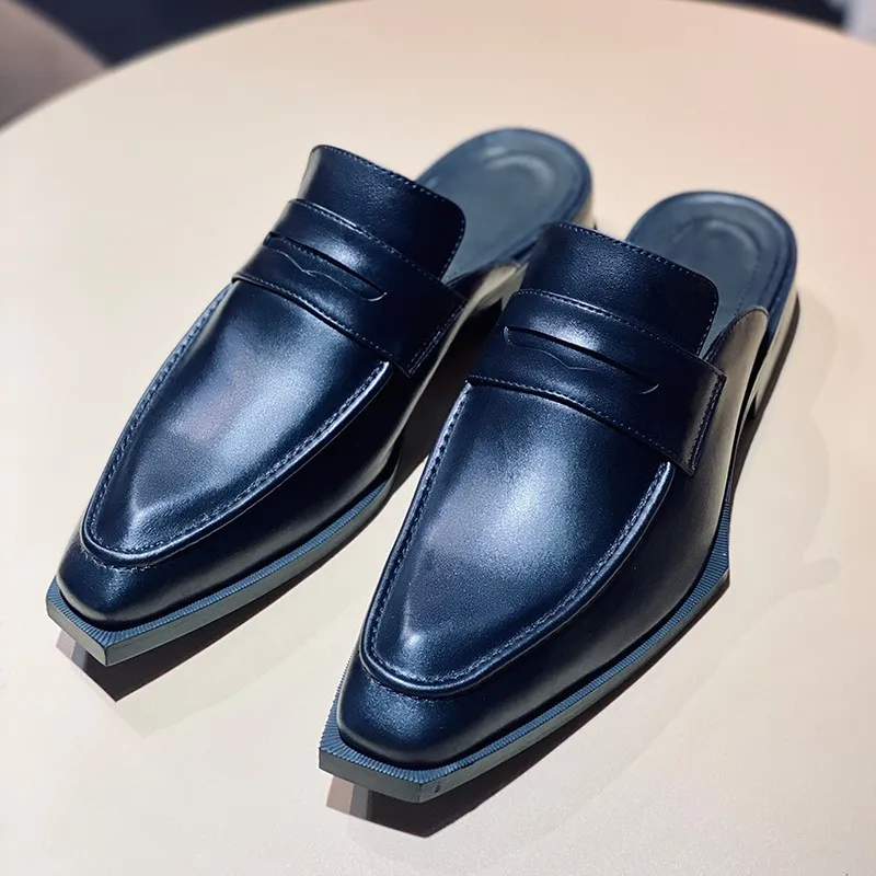 JINIWU 2026 Autumn Mules Top Grain Cow Leather Rhinestone Geometric Sole Formal Gentleman Closed Toe Slippers