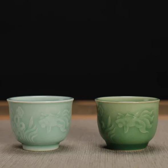 Longquan Celadon Handcrafted Younger Brother Kiln Cherry Green Engraved Fish Tea Cup Large Size Teacup by Master Wu Guohua
