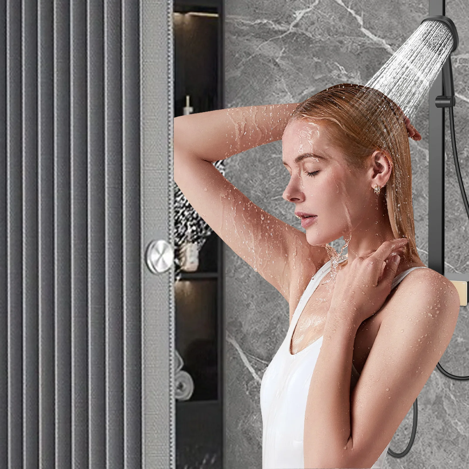 Foldable Magnetic Shower Curtain Waterproof Bath Curtain with 14 Hooks Privacy Modern Bathroom Bathtub Punch-free Divider