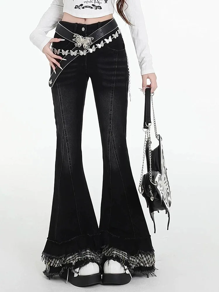 Butterfly Tie Flared Jeans Women Fall Winter American Retro Slim Fit Bootcut Trousers Straight Leg Floor Length  Vintage Style
