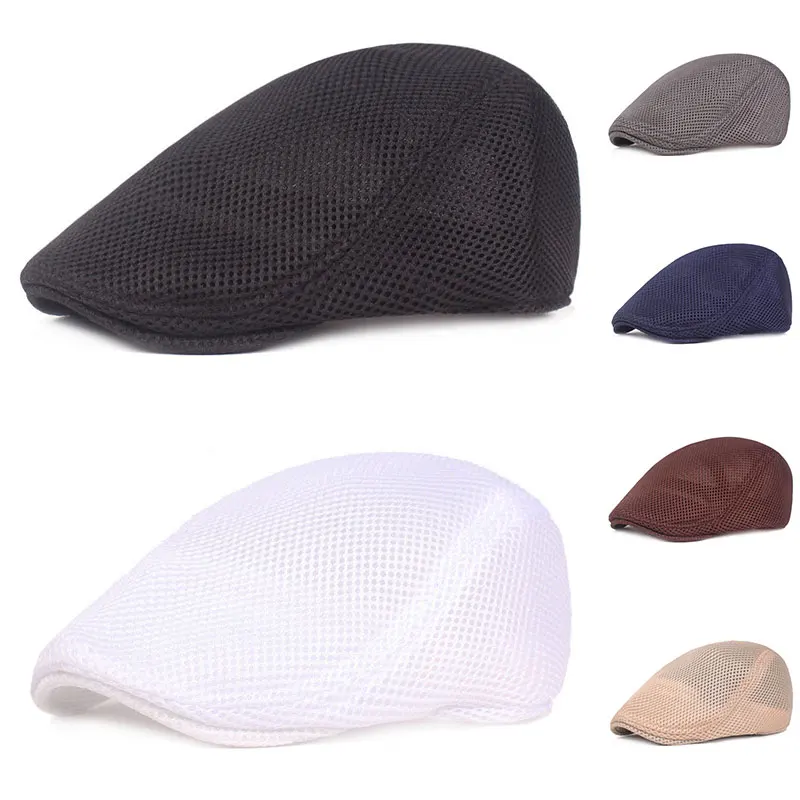 Unisex Casual Beret Hat Flat Cap Breathable Mesh Cap Newsboy Style Adjustable Summer Fashion Solid Color Black Hat For Men Women