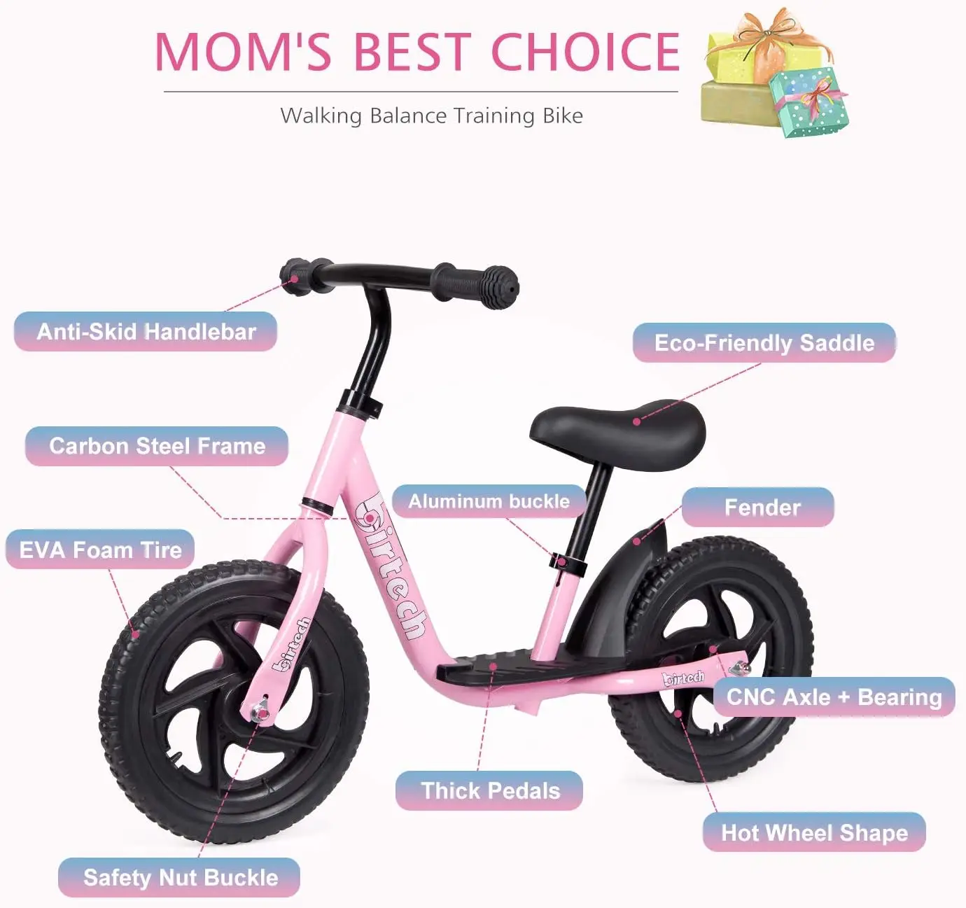 Balance Bike for 2-5 Year Old, 12 Inch Toddler Bike No Pedal Training Bicycle with Adjustable Seat Height, Airless Tire (Pink)