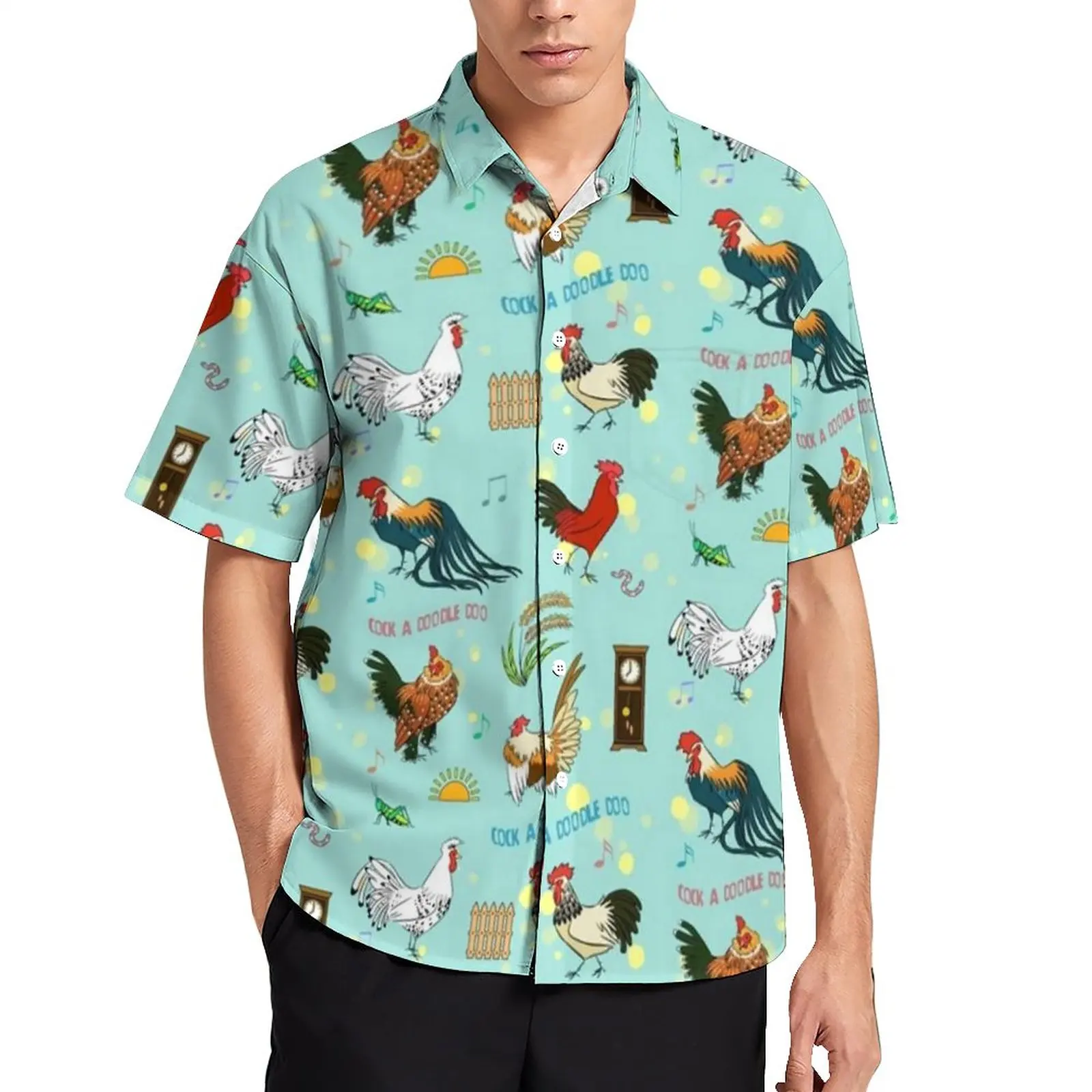 

Pretty Cartoon Chicken Loose Shirt Male Beach Cute Roosters Casual Shirts Hawaiian Design Short Sleeves Trendy Oversized Blouses