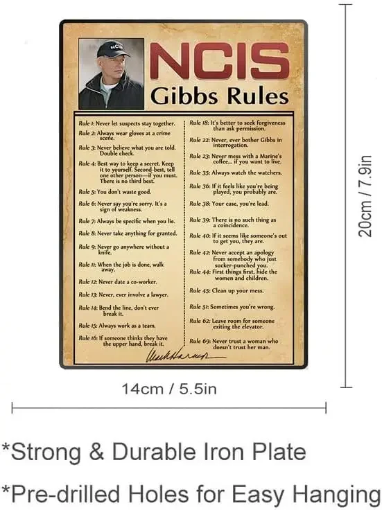 NCIS Gibbs Rules 69 Rules Leroy Jethro Gibbs Signature Vintage Retro Metal Tin Signs for Bars, Cafes, Home Walls,