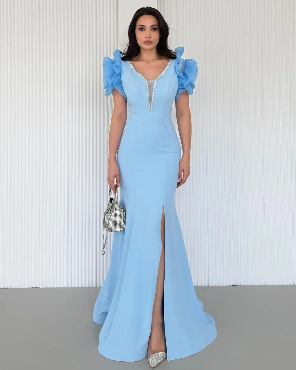 

Customized Blue Modest Fashion Jersey Handmade Flower Rhinestone Mermaid V-neck Long Dresses Evening Dresses Exquisite Formal
