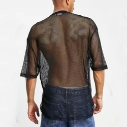 New Mens Sexy Leisure Short Male Hot Sale Breathable Mesh Transparent Casual Round Neck Half Sleeve Clubwear T-Shirt S-XXXL