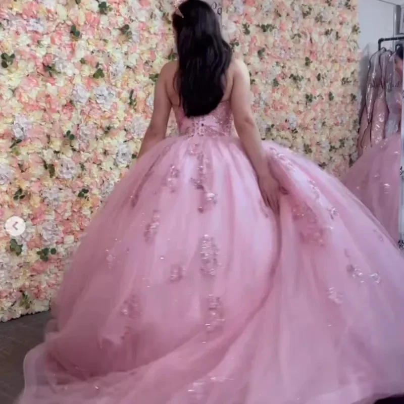 Quinceanera rosa vestidos com brilhante cristal Beading, Tribunal trem, vestidos de baile formais, meninas aniversário vestidos de festa, 2024