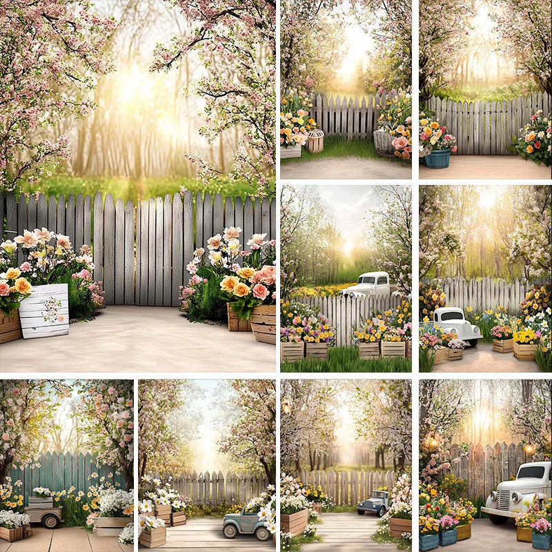 LS Photography Background Spring Floral Patio Fence Decoration Baby Shower Adult Child Portrait Backdrop Photo Studio