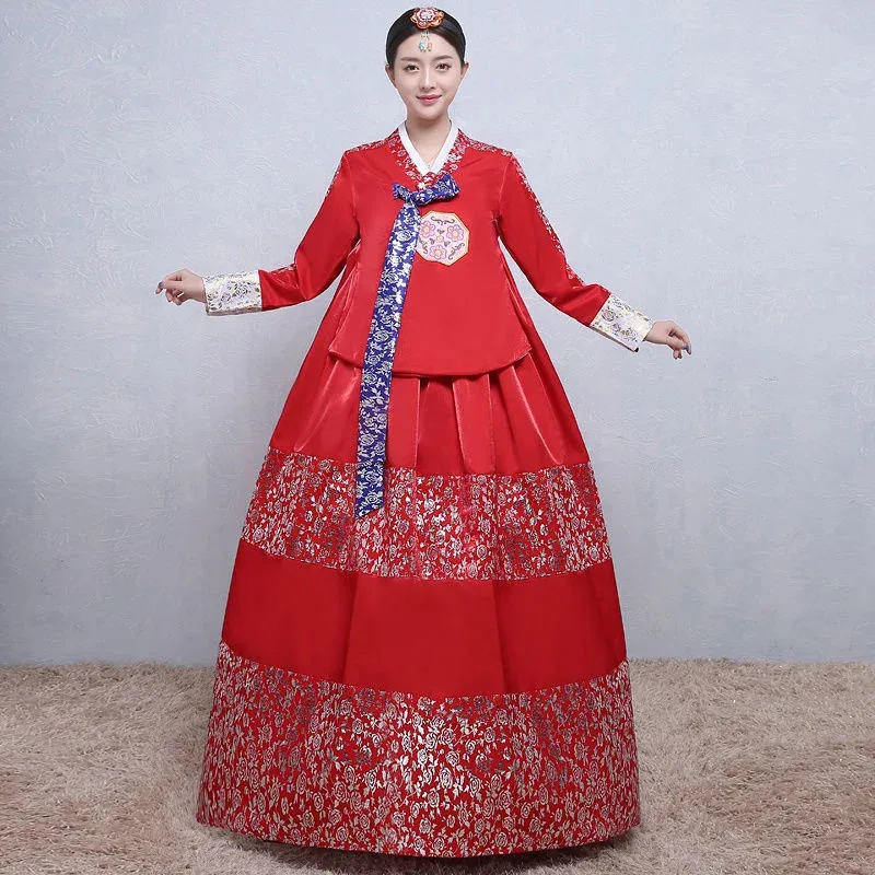 Roupas tradicionais coreanas multicoloridas para mulheres, fantasia nacional de quadra, hanbok, lantejoulas, vestido de dança de palco, roupa de festa de ano novo