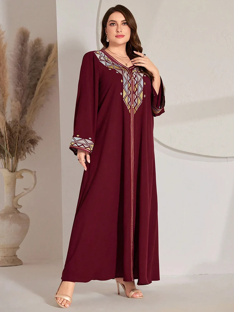 TOLEEN Women Plus Size Maxi Dresses Arab Muslim Embroidered V-neck Dress With Flared Sleeves Retro Middle Eastern Ethnic Robes