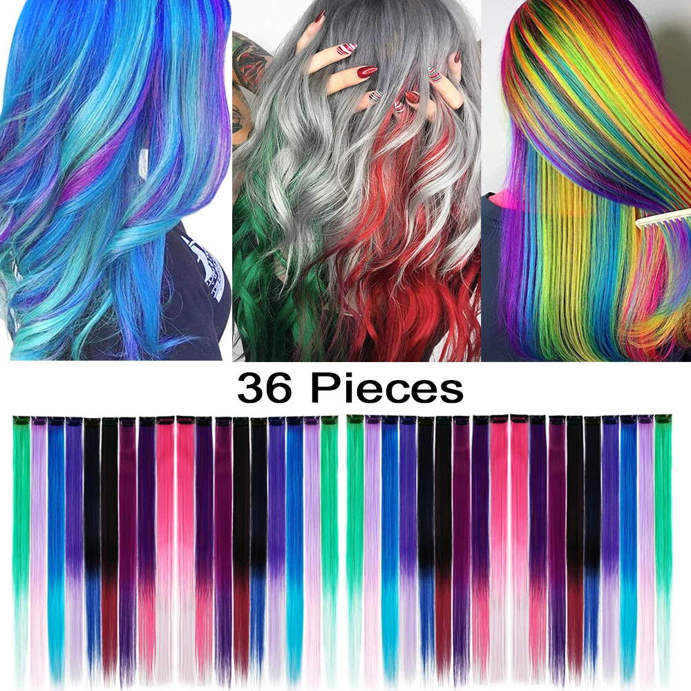 Réinitialisation coloré en surbrillance sur les extensions de cheveux, postiches une pièce, cheveux raides arc-en-ciel, accessoires pour filles, 22