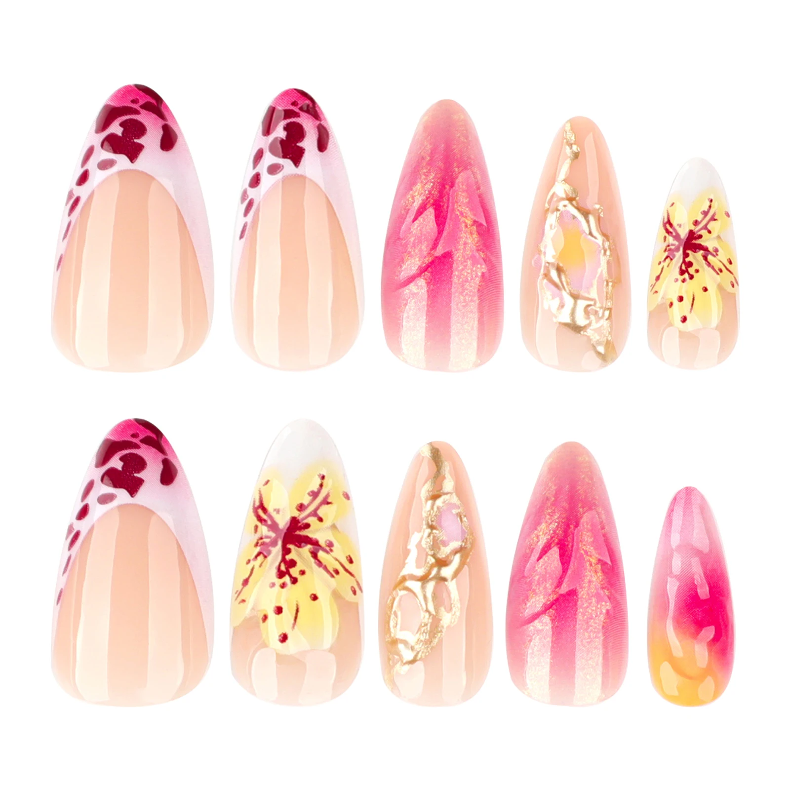 24Pcs Almond Press on Nails 3D Floral Leopard Pattern Fake Long Nail Tips Full Cover for Women