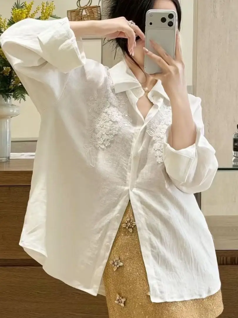 

White Long Sleeve Shirt Design Bead Casual Loose Sun Protection Patchwork Process Fashionable Top French Style Loose Fit Butt...