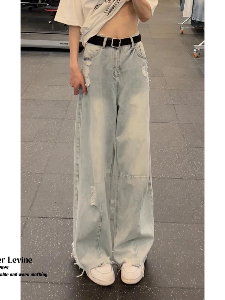 

Light Blue Ripped Micro Flared Jeans Men Summer Thin American High Street Frayed Knife Loose Wide Leg Pants Youth Faion