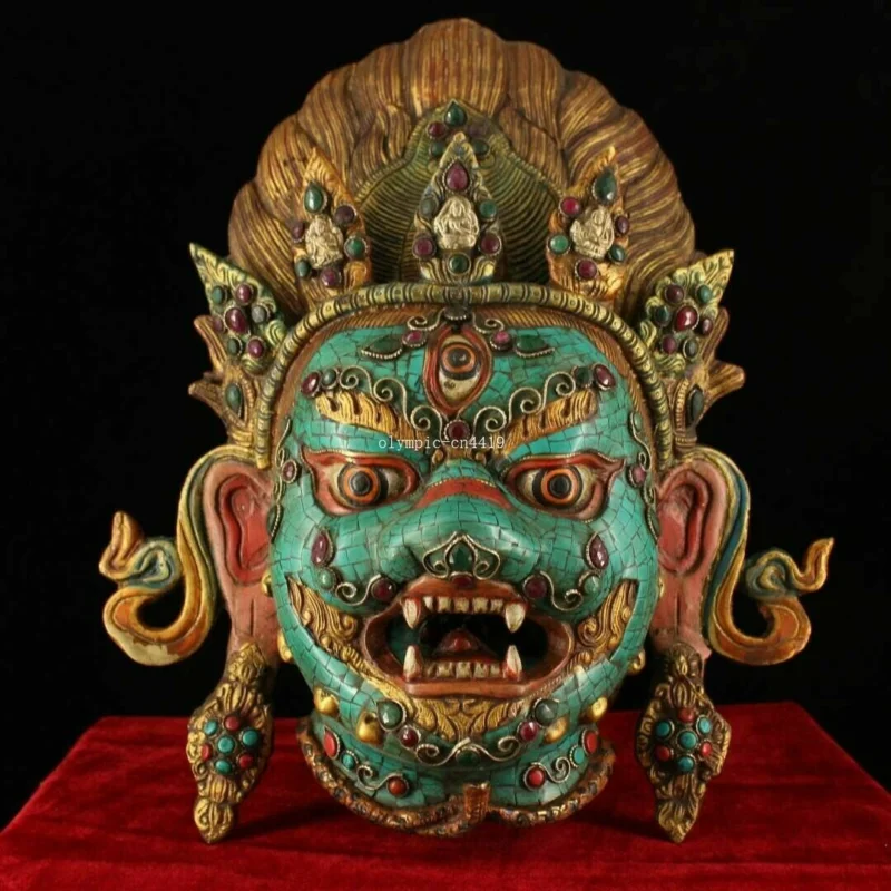 

13'' old tibetan bronze copper inlay turquoise Gem buddhism Mahakala head mask