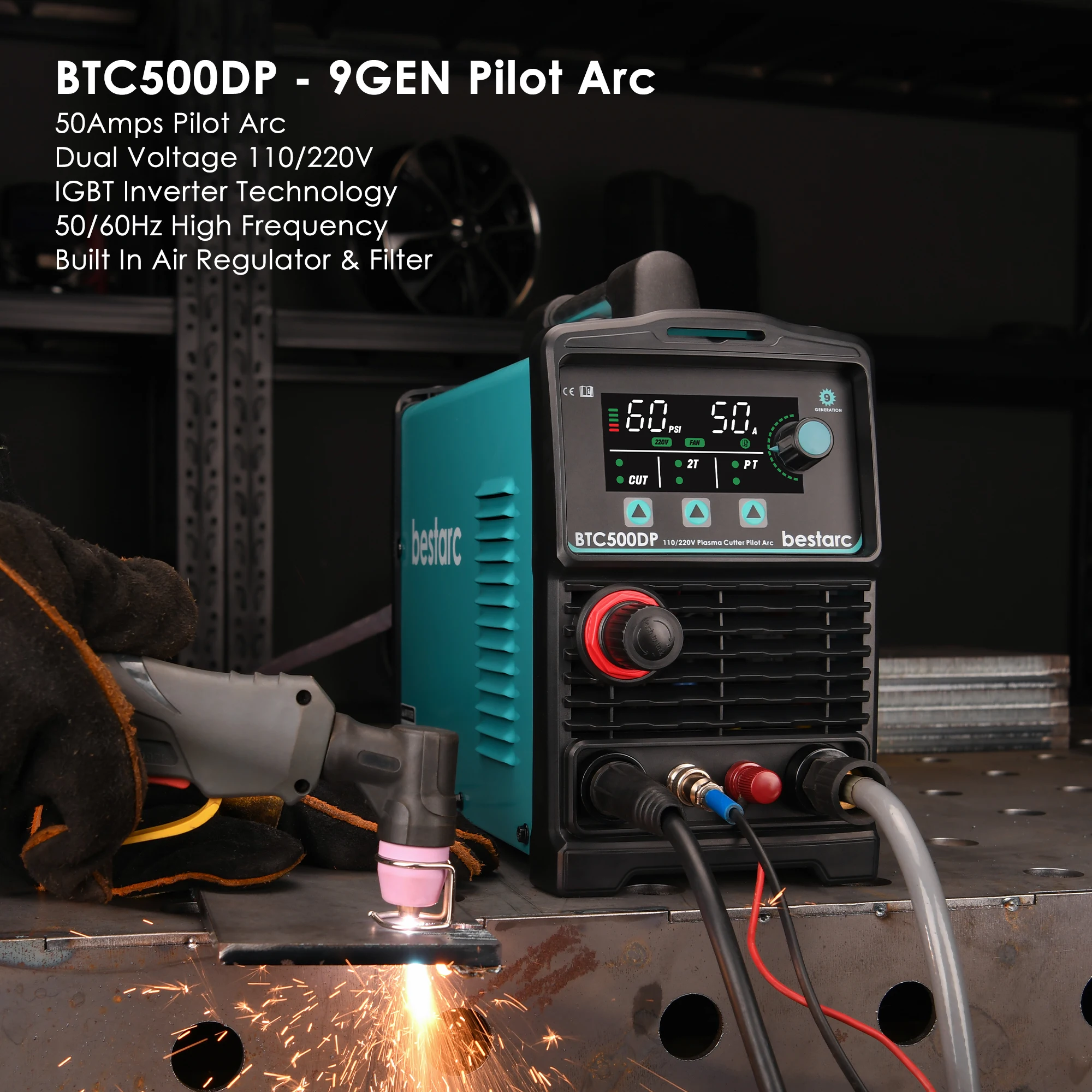 Plasma Cutter, Pilot Arc 50Amps Screen Display Single Phase Voltage 220V, Digital Plasma Cutting Machine (BTC500DP 9GEN 220V)