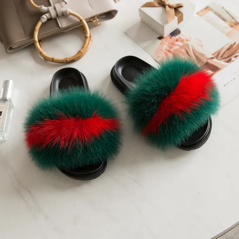 Women Summer Casual Raccoon Fur Slides House Home Fluffy Slippers Comfort Furry Flats Sweet Ladies Beach Shoes Outdoor Sandals