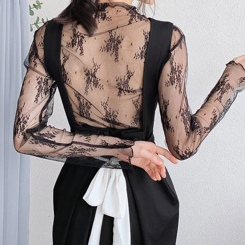 

Women's Long Sve High Collar Lace Base irt Spring Autumn New Sle Ultra Fairy Sexy Tulle Me Top Korean Sle Commute