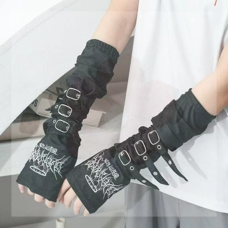 1 Pair Black Gothic Fingerless Long Gloves Embroidery Design Adjustable Buckles for Halloween Cosplay Parties