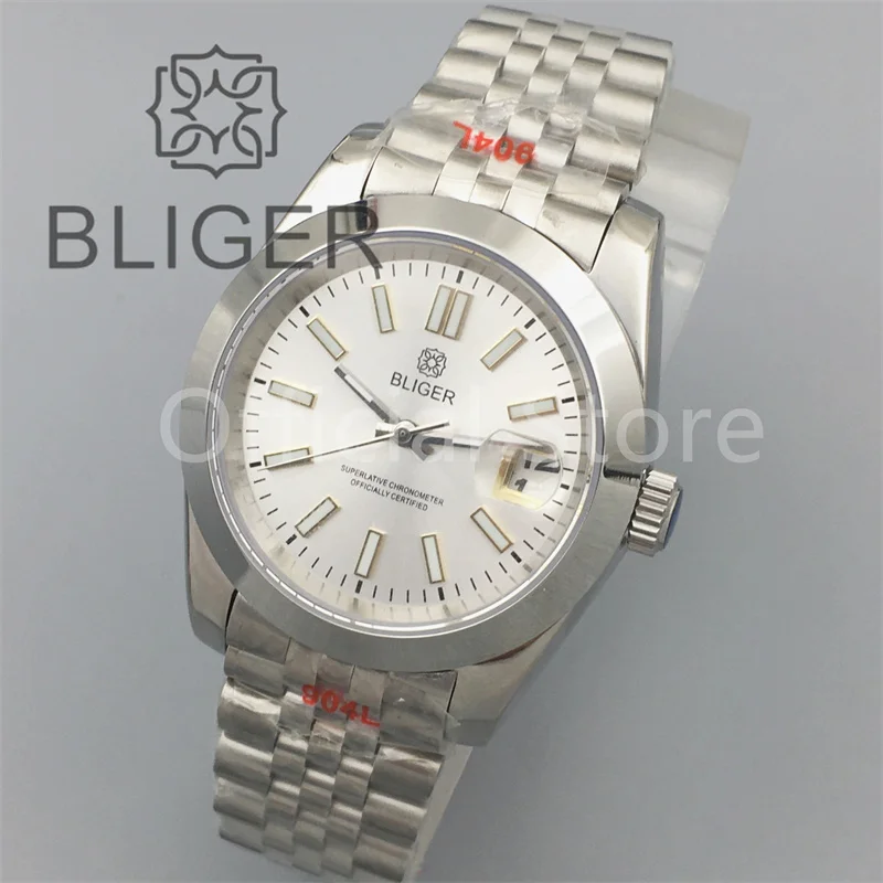 BLIGER 36mm/39mm Watch For Men With NH35 Movement Stanless Steel Bracelet White Dial With Silver/ Gold Stick Inde Polished Bezel