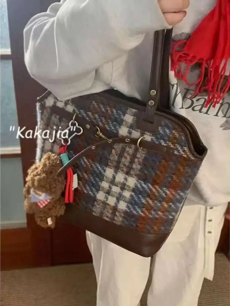 Checkered Woolen Large Capacity 2 Way Use Shoulderbag Backpack Women FS Female Travel Bagpack Girls School Bags Bolsos Anime