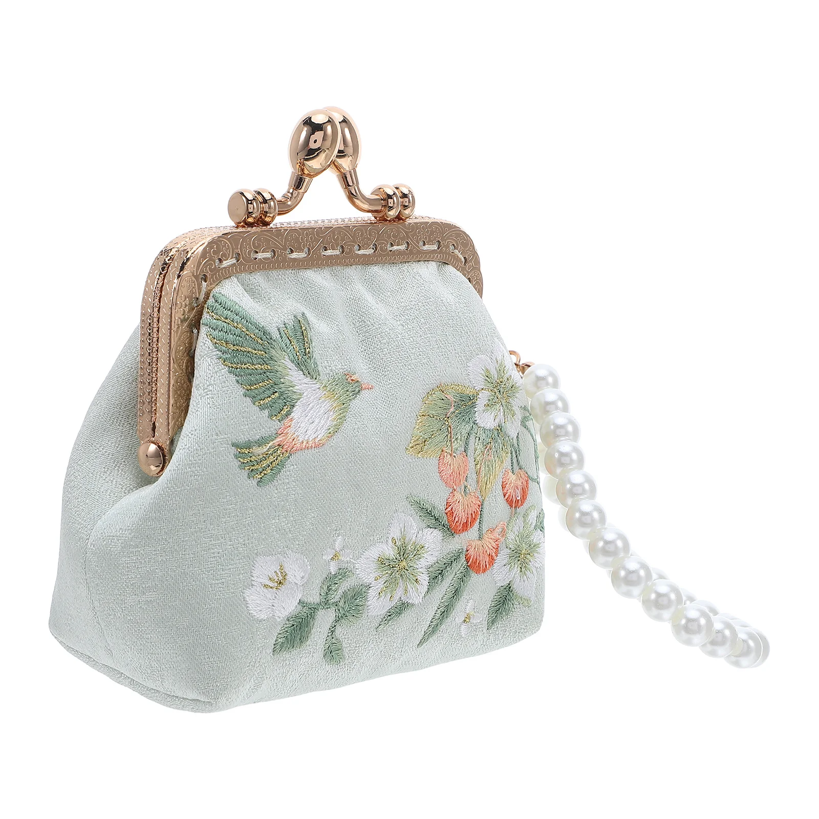 Chinese Traditional Flower Embroidery Wallet Double Clasp Mini Makeup Pouch Pearl Decoration Clutch Purse Women