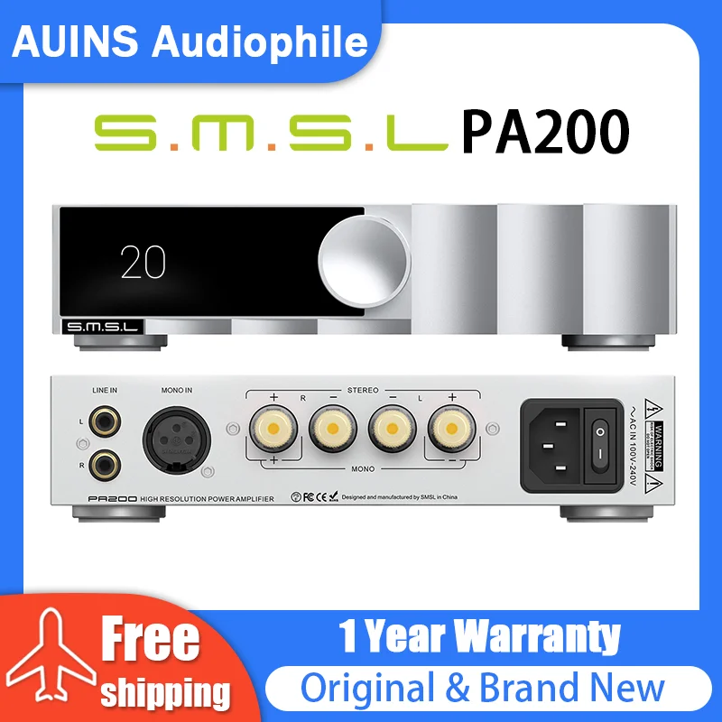 SMSL PA200 Gallium Nitride Power Amplifier XLR Mono Input Mode Stereo Pure Amplifier Audio Grade Pass-Through Mode High-Power