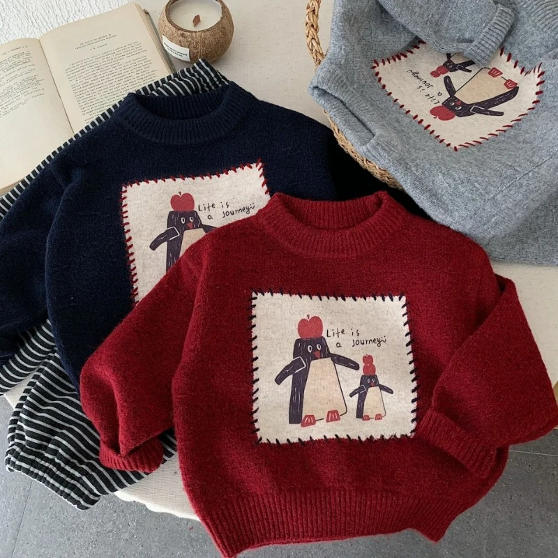 

2025 Winter New Year Atmosphere Soft Sticky Round Neck Cute Penguin Pattern Sweater