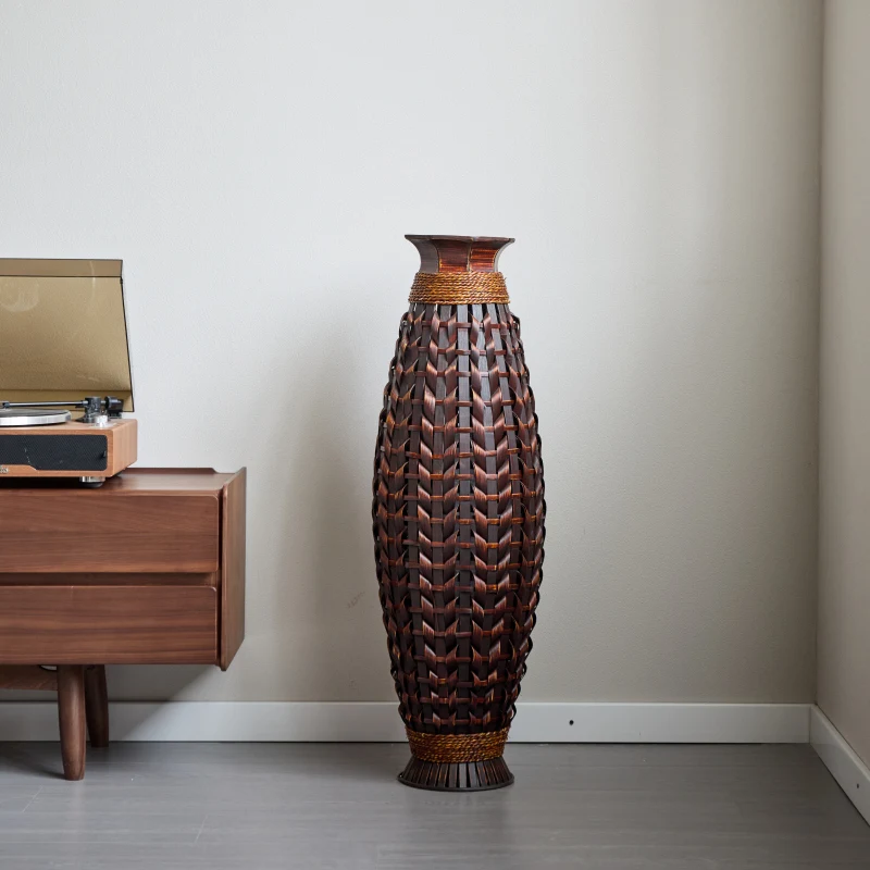 Handwoven Natural Bamboo Floor Vase, 38.97" Tall Boho Decorative Vase for Living Room Entryway, Rustic Farmhouse Woven Vase for Pampas Grass & Dried Branches
