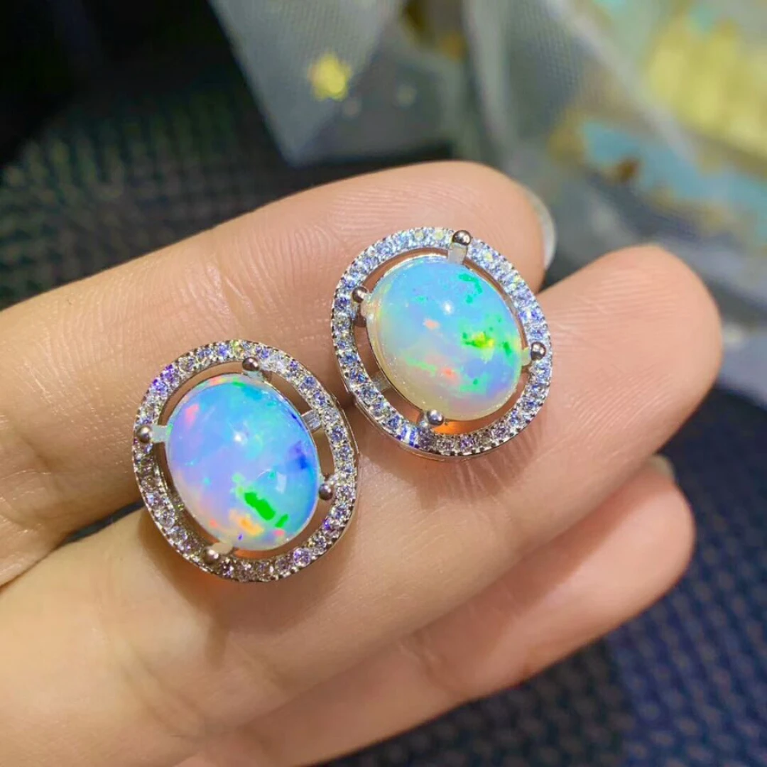 Natural Big Opal Gemstone Fashion Ellipsse Earrings for Women Real 925 Sterling Silver Charm Fine Wedding Jewelry