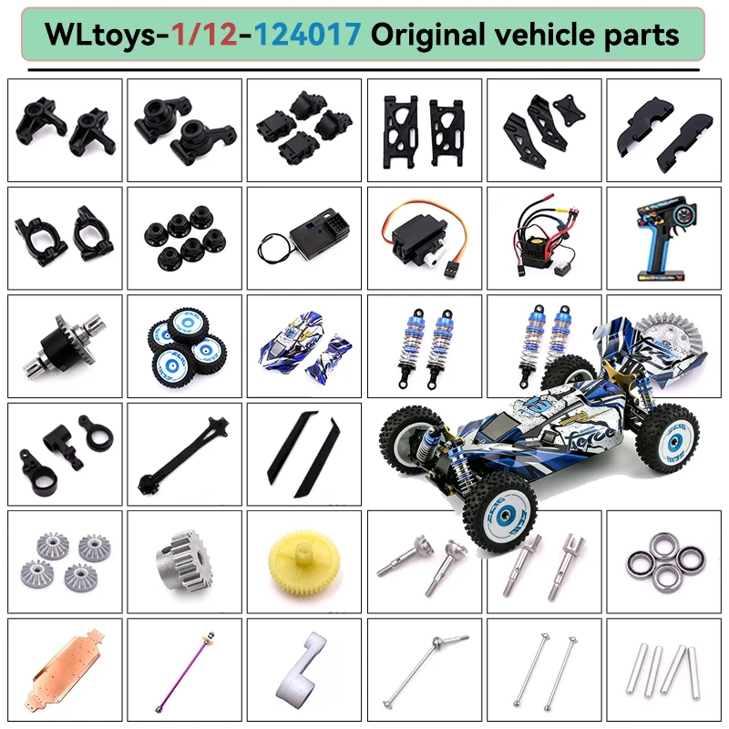 Peças de Reposição Originais WLtoys 124017 para Carro RC Escala 1/12: Motor Brushless, Receptor, ESC, Braço Oscilante, Diferencial, Caixa de Câmbio, Pneu, Parafuso