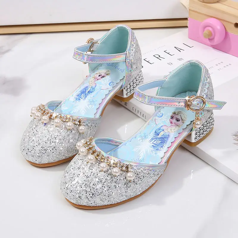 Disney-Sandalias de tacón alto para niñas, zapatos de princesa de Frozen, calzado de gran tamaño, calzado de belleza exquisita, 2022