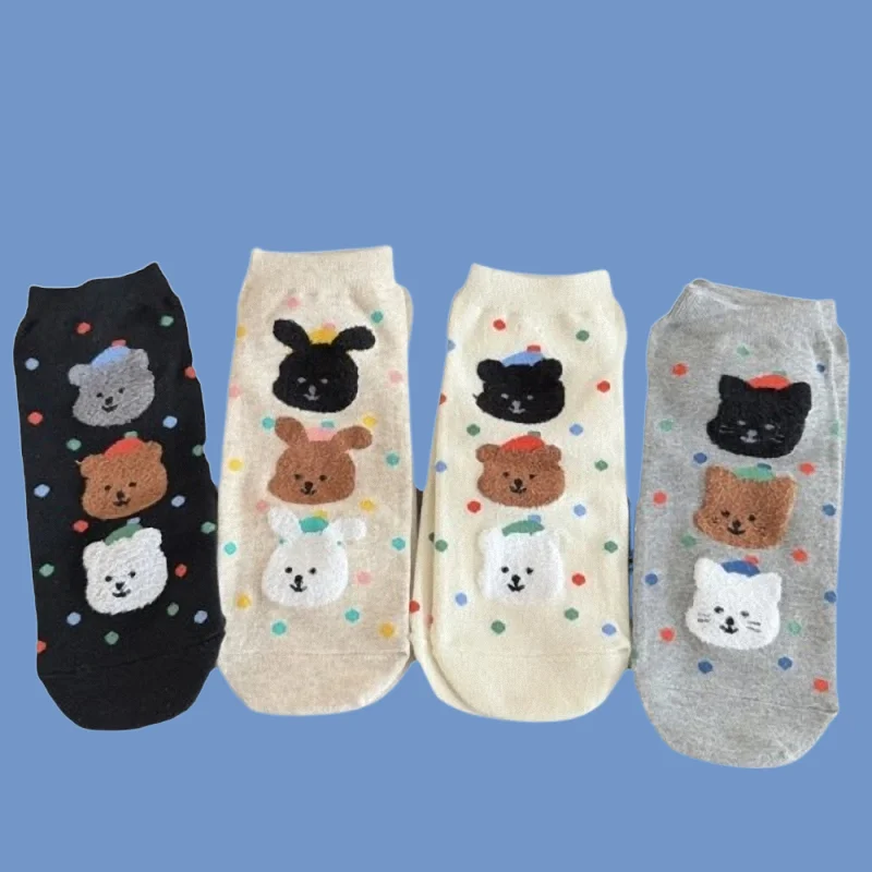 

4/8 Paris Fashion Cute Cartoon Student Socks Flocked Bear Polka Dot Socks For Women Spring And Summer Thin Breathable Boat Socks