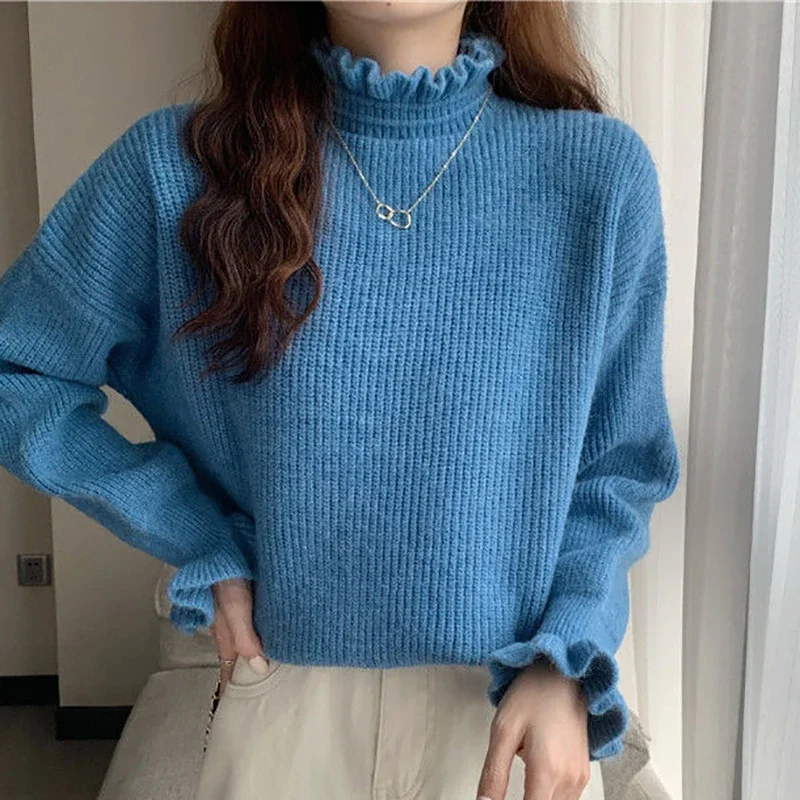 Women Ruffles Thicken Warm Sweater Mock Neck Flare Sleeve Sweet Pullovers Solid Casual Sweater For Women 2024 Fall Winter