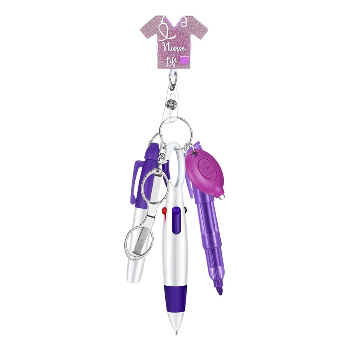 Portable Nurse Pen Set Carabiner Retractable Scroll Easy to Pull Out Ballpoint Pen Scissor Falshlight Torch Purple