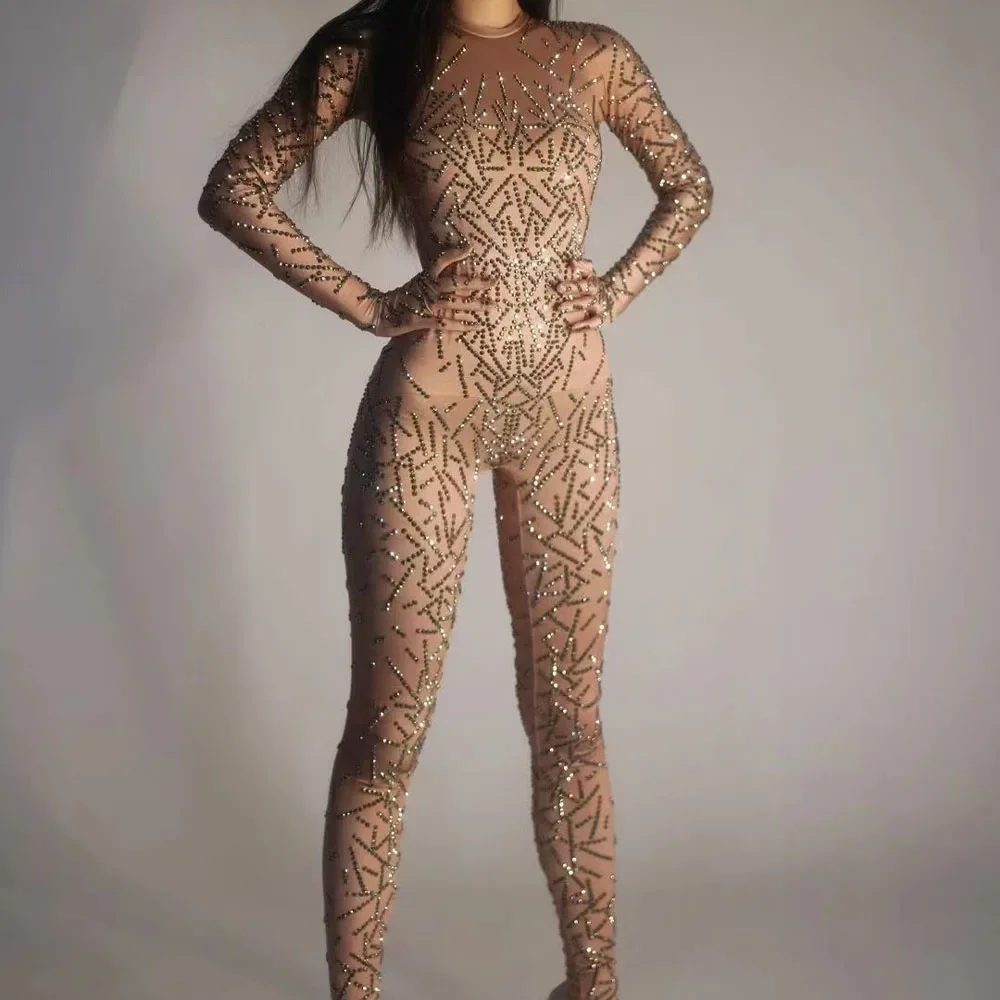 

Sexy Nightclub Bar Wear Crystals Jumpsuit Costume Prom Birthday Celebrate Club Outfit Sparkly Silver Rhinestones Nude Jumpsuit