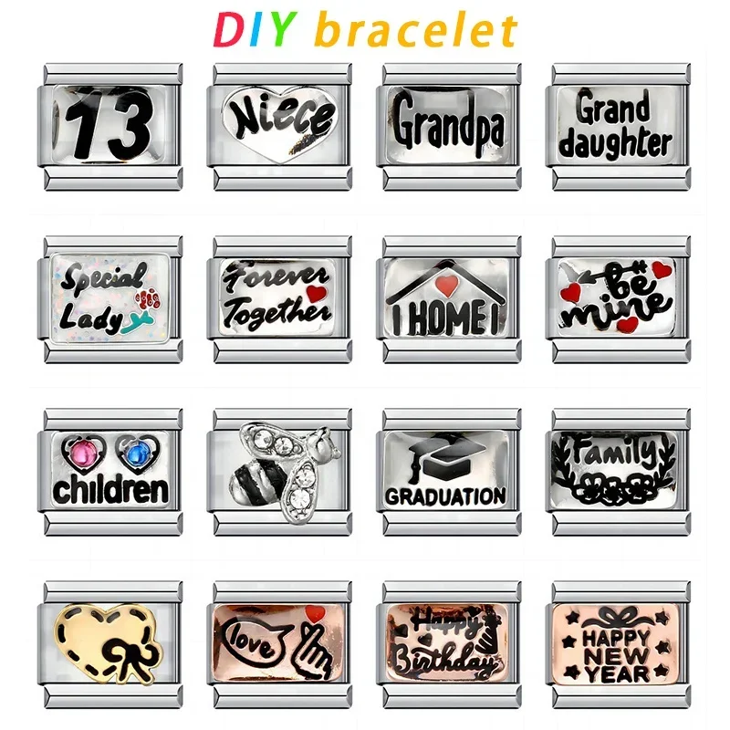 English Combination Titanium Steel Gold Plated Drop Oil DIY Italian Module Bracelet Italian Charm Bracel 