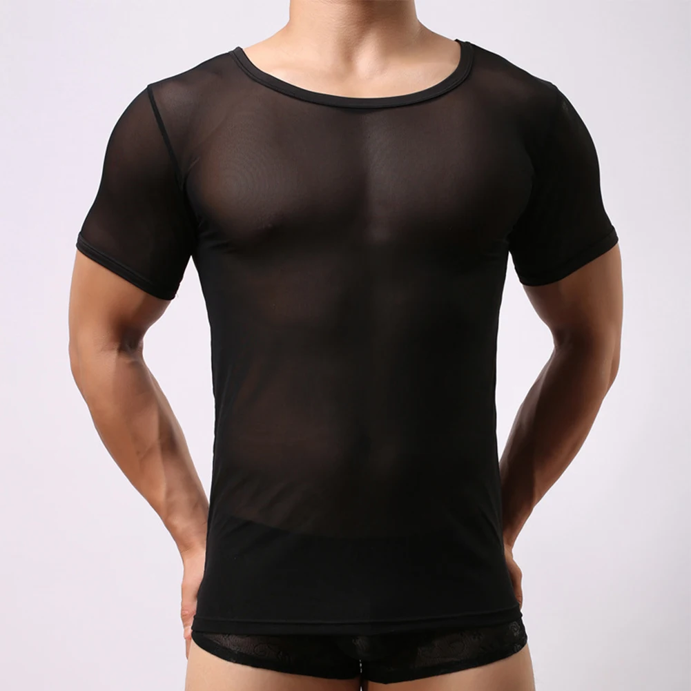 Sexy Men See Through Mesh Tops Male Summer Ultra Thin Short Sleeve T-Shirt Fishnet Muscle Tee Shirts Transparent Night Club Wear