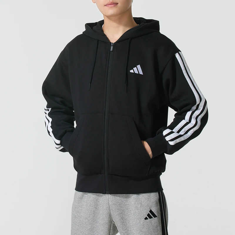 

Adidas Men's Sportswear Black and White Contrast Color Casual Fleece Hooded Jacket Windproof Knitted Jacket Jd1870