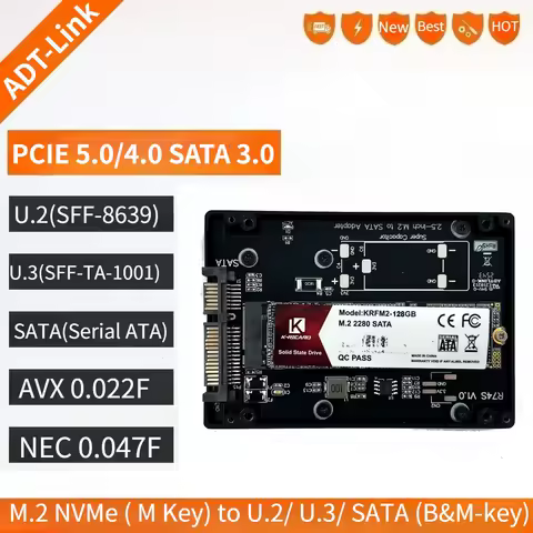 M.2 M-key NVMe to U.2 U.3 SFF-8639 Gen5 PCIe 5.0 X4 128Gbs SATA 3.0 Gen4 64Gbps Hard Drive CNC Enclosure 2230/2242/2260/2280 SSD