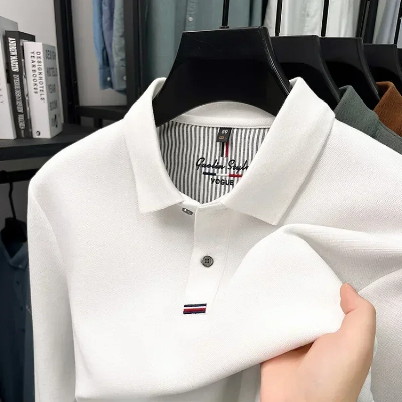 Autumn new thickened double-sided pearl cotton long-sleeved T-shirt men's middle-aged men's lapel POLO casual top image 5