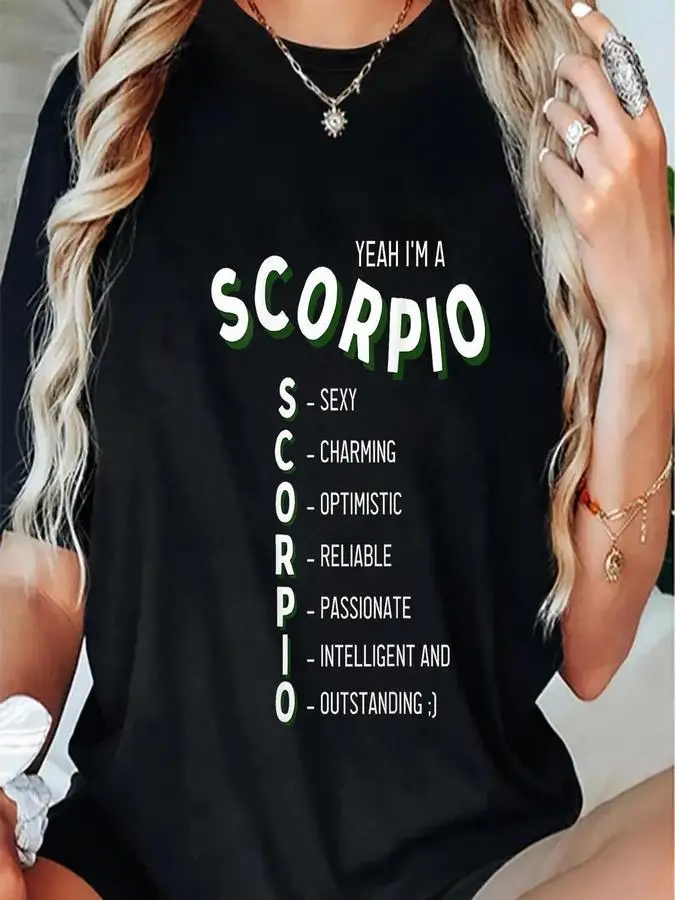 Yeah I'm A Scorpio T Shirt Women | Funny Zodiac Sign Graphic Tees | Vintage Acrostic Letter Print Casual Streetwear Top